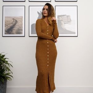 HOUSE OF LANCRY Willow Ribbed Dress Midi in Mustard NWT